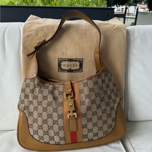 Gucci Beige and Brown Hobo Bag with Red Stripe
